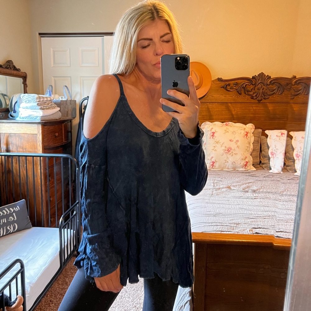 Blu Pepper, Cut Out Shoulder, Oversized, Flowy, lightweight, Denim Blue, Sweater